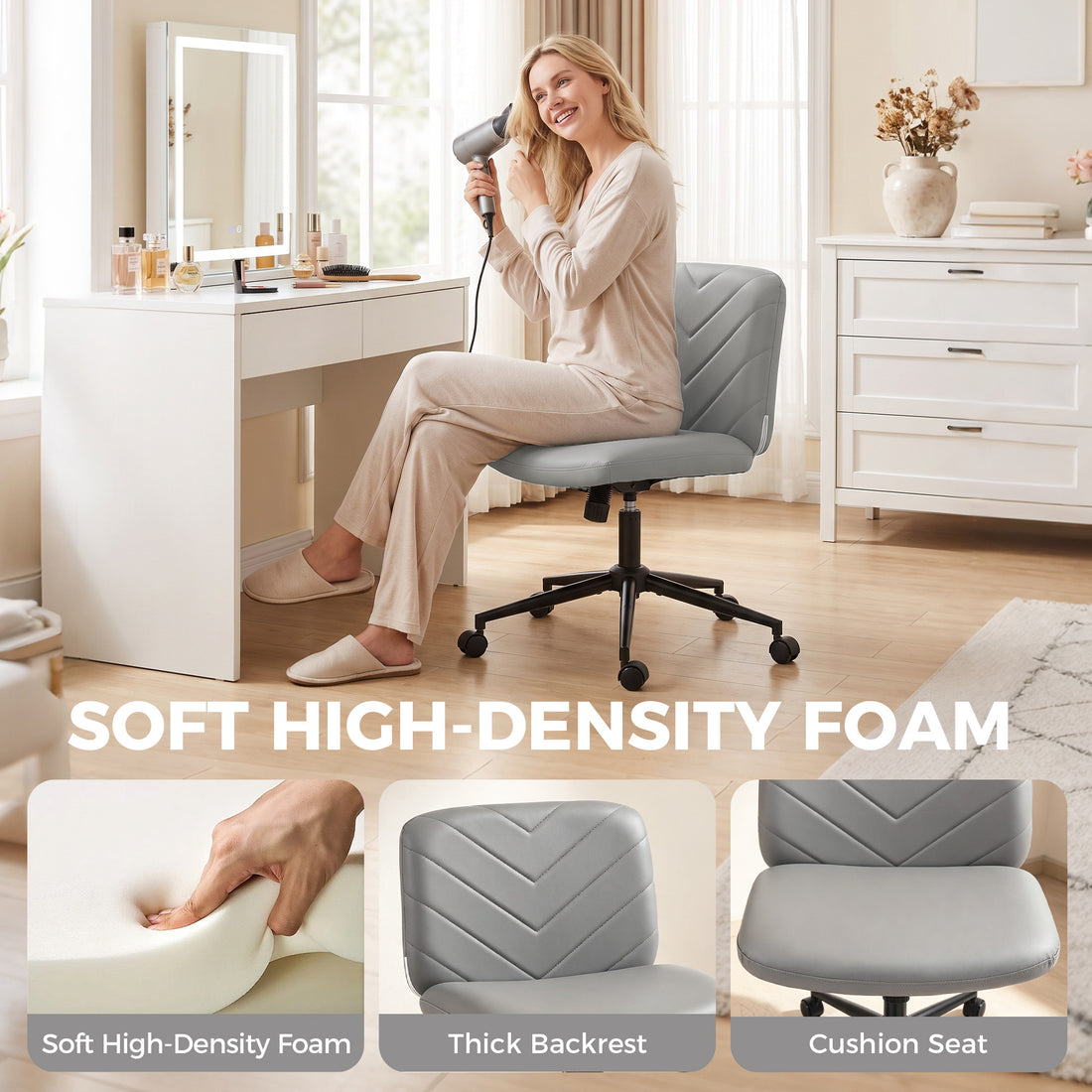 HOMCOM Home Office Desk Chair Height Adjustable Swivel Chair Cross Legged Wide Seat Swivel Wheels Grey