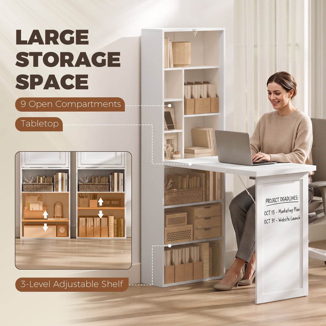 HOMCOM Three-Part Work Desk, with Storage and Writing Board - White