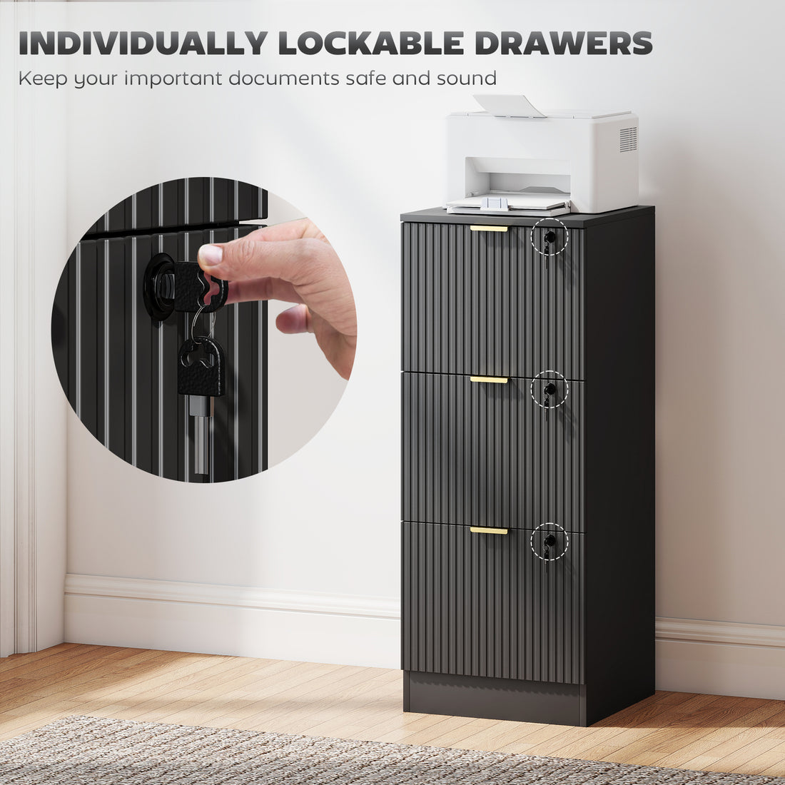 HOMCOM Filing Cabinet, Fluted Vertical File Cabinet with 3 Lockable Drawers and Hanging Rails, Black