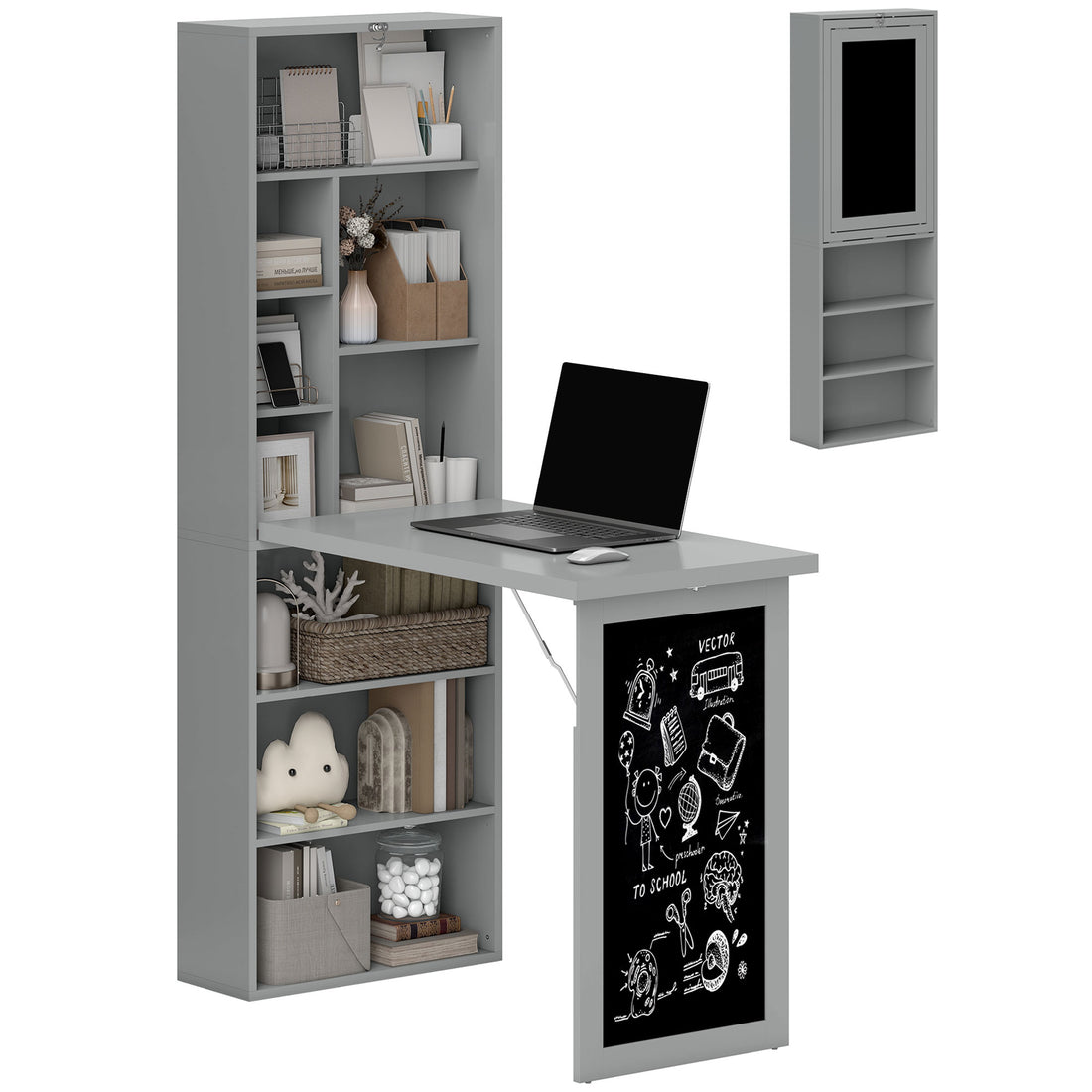 HOMCOM Folding Convertible Desk with Blackboard Multi-function Computer Office Workstation Side Shelf, Grey