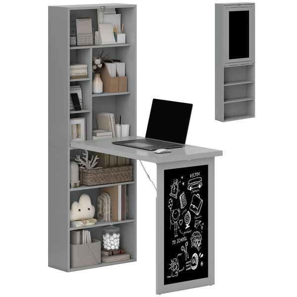 HOMCOM Folding Convertible Desk with Blackboard Multi-function Computer Office Workstation Side Shelf, Grey