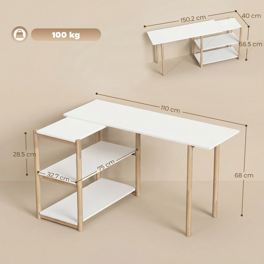 HOMCOM Computer Desk with Storage Shelves Modern Writing Desk Bamboo Frame for Home Office 150 cm White and Oak