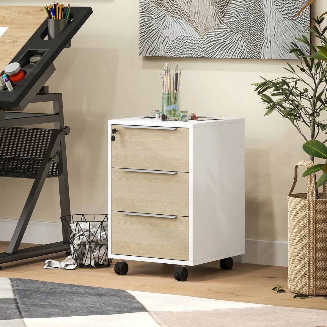 HOMCOM Three-Drawer Locking Filing Cabinet - Oak/White