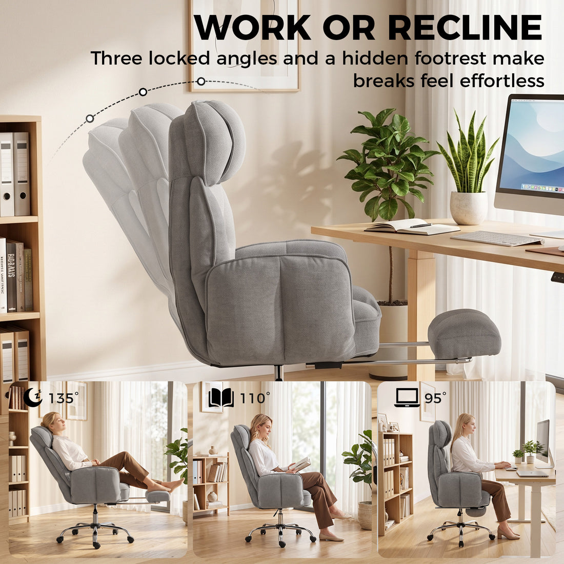 HOMCOM Executive Office Chair Height Adjustable Desk Chair Reclining Flip-up Armrest Footrest, Grey