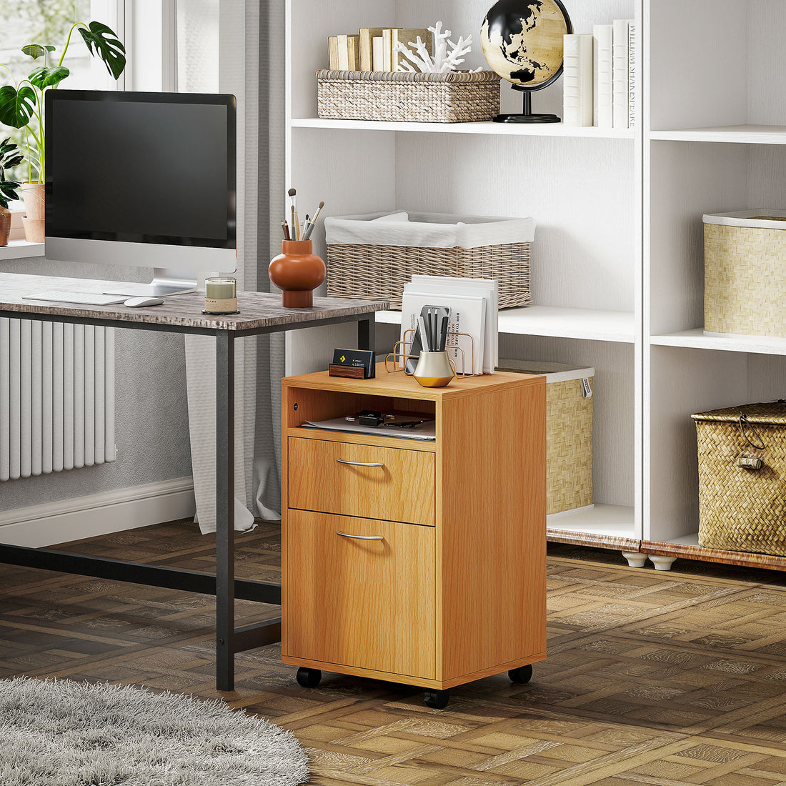 HOMCOM Filing Cabinet, Mobile File Cabinet with 2 Drawers, Office Home Organiser on Wheels, Natural Wood Finish