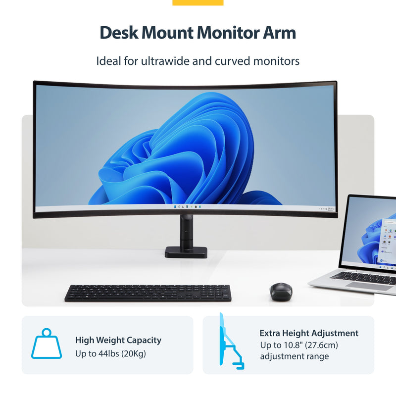 StarTech.com Monitor Desk Mount for up to 49in 32:9 Ultrawide Curved Screens, Mechanical Spring Arm, C-Clamp/Grommet, Tool-Less Adjustment, Max 44lb/20kg