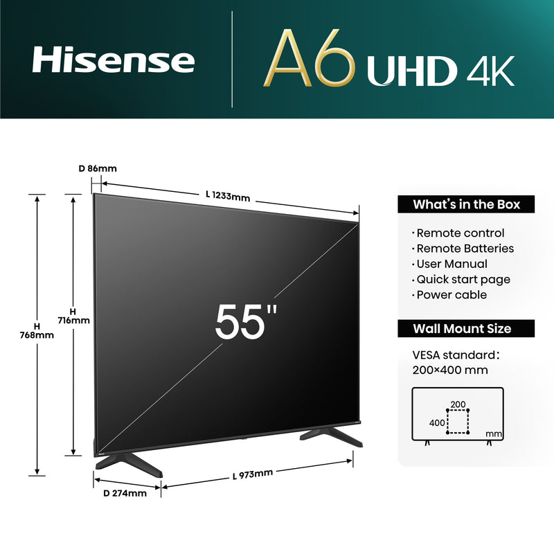 Hisense 55A6NTUK TV 139.7 cm (55") 4K Ultra HD Smart TV Wi-Fi Black 300 cd/m²