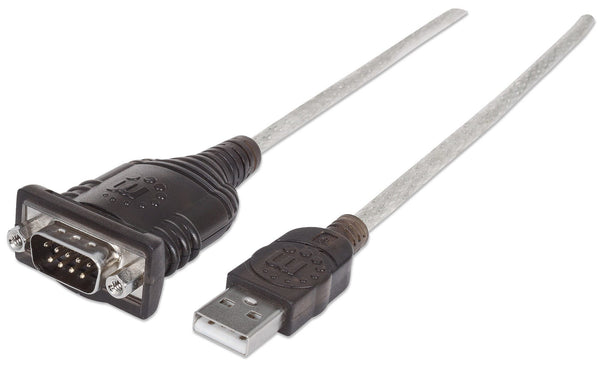 Manhattan USB-A to RS232 Serial Adapter, 45cm, DB9 Male, Prolific PL-2303HXD Chip, Black/Silver, Three Year Warranty