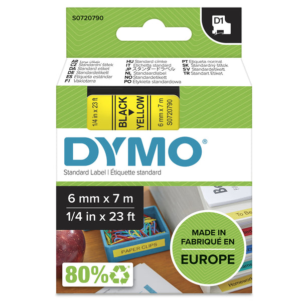 DYMO Authentic D1 Labels | Black Print on Yellow Tape | 6 mm x 7 m | Self-Adhesive Labels for LabelManager Label Makers | Made in Europe