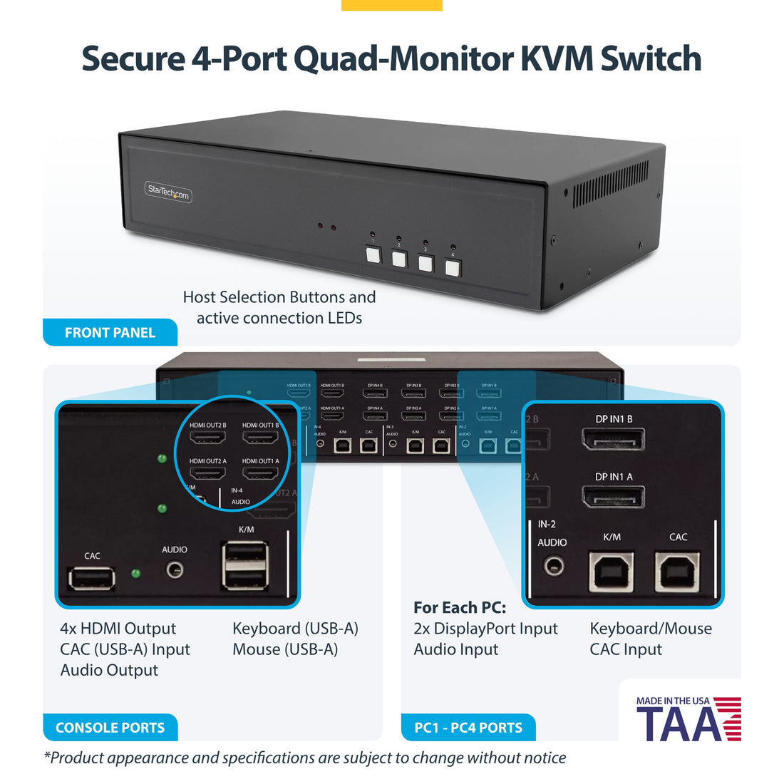 StarTech.com Secure 4-Port Quad-Monitor KVM Switch, 2x DisplayPort In to 4x HDMI Out, 4K 60Hz, NIAP 4.0 - image 4