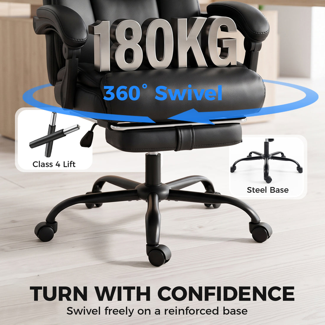 HOMCOM Executive Office Chair, 180kg Big and Tall PU Desk Chair with Linked Armrests, Pocket Spring Cushion, Adjustable Height, Rocking Function, 165° Reclining Backrest, Footrest, PU Casters, Black