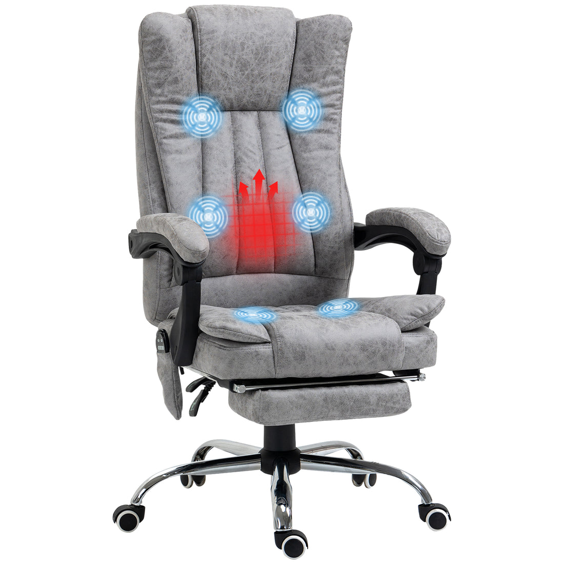 Vinsetto Office Chair with Massage and Heat, Microfibre Reclining Computer Desk Chair with Footrest and Adjustable Height, Swivel Wheels for Home Office, Grey