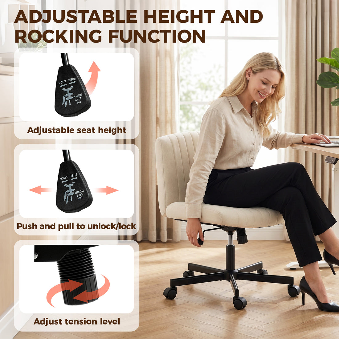 HOMCOM Imitation Linen Criss Cross Legged Desk Chair, Armless Office Chair with Wheels, Cream