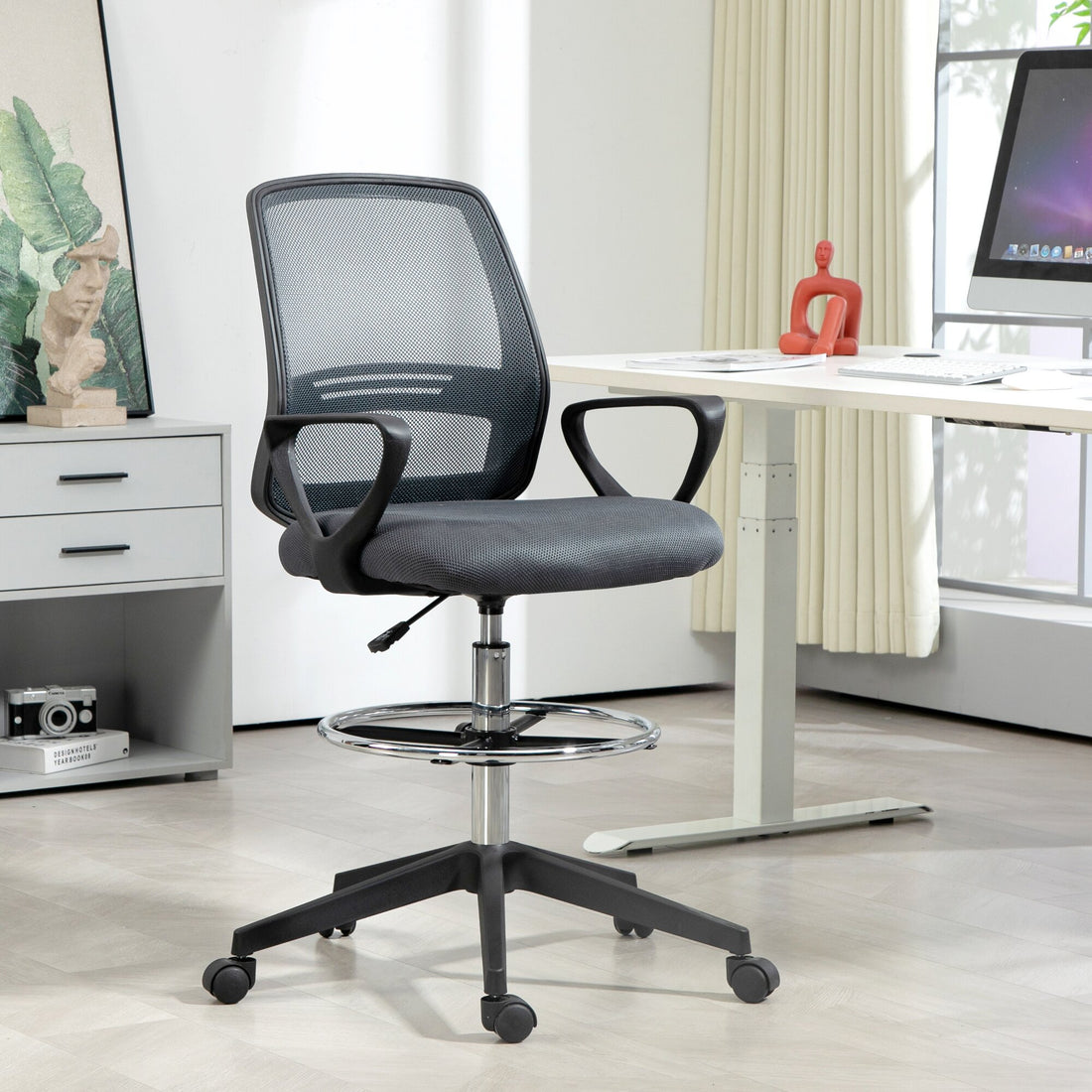 Vinsetto 102.5-126cm Draughtsman Office Chair, with Footrest - Grey