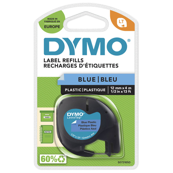 DYMO Branded LetraTag Plastic Labels | 12 mm x 4 m Roll | Black Print on Blue Labels | MultipurposeSelf-Adhesive Labels for LetraTag Label Makers
