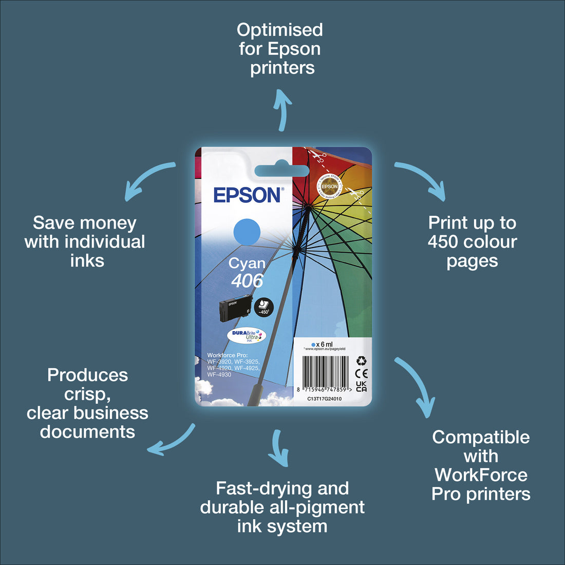 Epson Singlepack Cyan 406 Umbrella DURABrite Ultra Ink - image 2