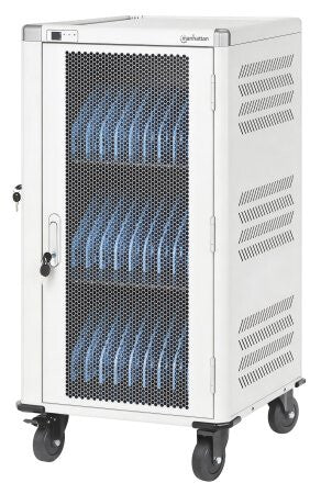 Manhattan Laptop Charging Cart/Trolley via AC Adapter (UK) 30-bay, Install device's AC Adapter (power cables) into unit, Suitable for ALL laptops (to 16"), iPads, MacBooks, Chromebooks, other portable devices, Bays 380x30x280mm, White, Cabinet, Lockable