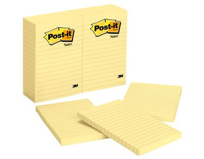 Post-It Notes, 4 in x 6 in, Canary Yellow, Lined, 12 Pads/Pack