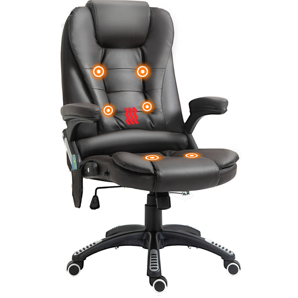 HOMCOM 6-Point Massage Office Chair with Seat Heated for Home Office, PU Leather High Back Executive Desk Chair with Adjustable Height and 360° Swivel for Work Study, Brown