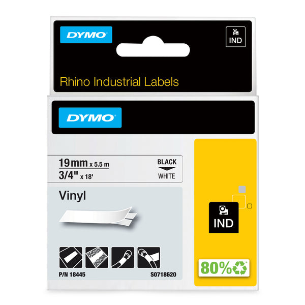 DYMO Rhino Industrial Vinyl Labels | 19 mm x 5.5 m | Black Print on White | Self-Adhesive | for Rhino & LabelManager Label Makers