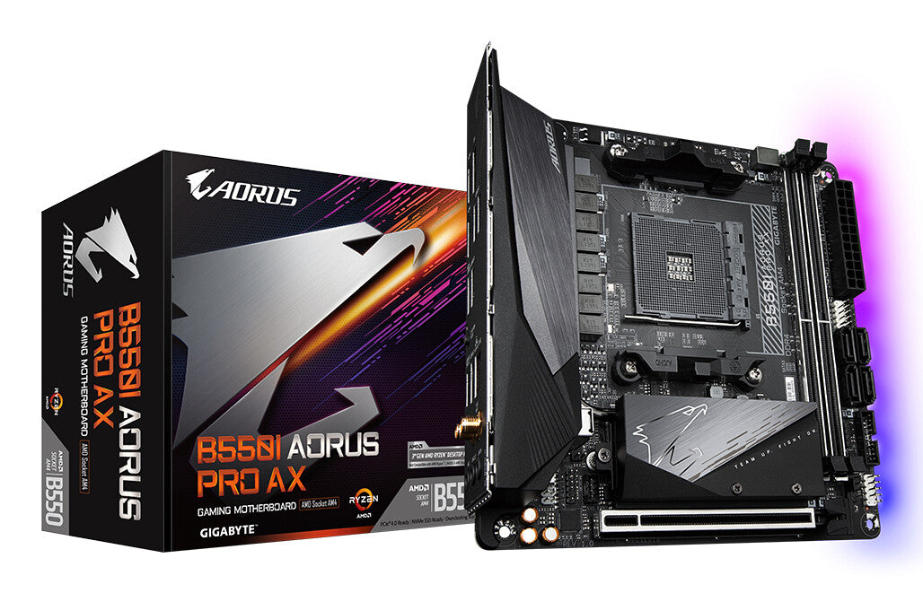GIGABYTE B550I AORUS PRO AX Motherboard - AMD Ryzen 5000 CPUs, 8 Phases VRM, up to 5300MHz DDR4, 1xPCIe 4.0 +