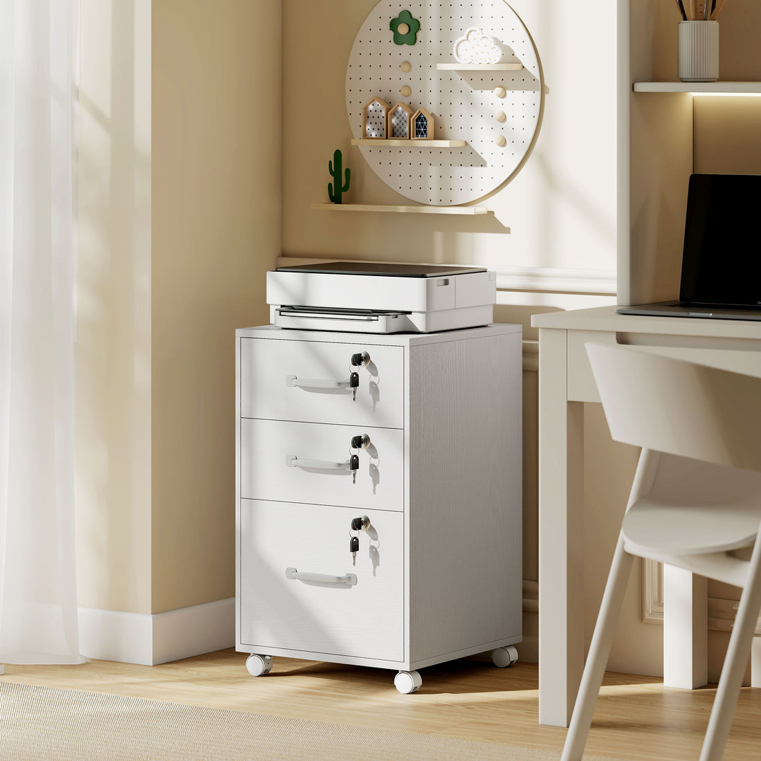 HOMCOM Three Drawer Wood-Effect Filing Cabinet - White
