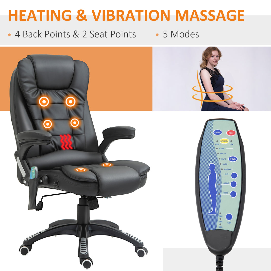 HOMCOM 6-Point Massage Office Chair with Seat Heated for Home Office, PU Leather High Back Executive Desk Chair with Adjustable Height and 360° Swivel for Work Study, Black