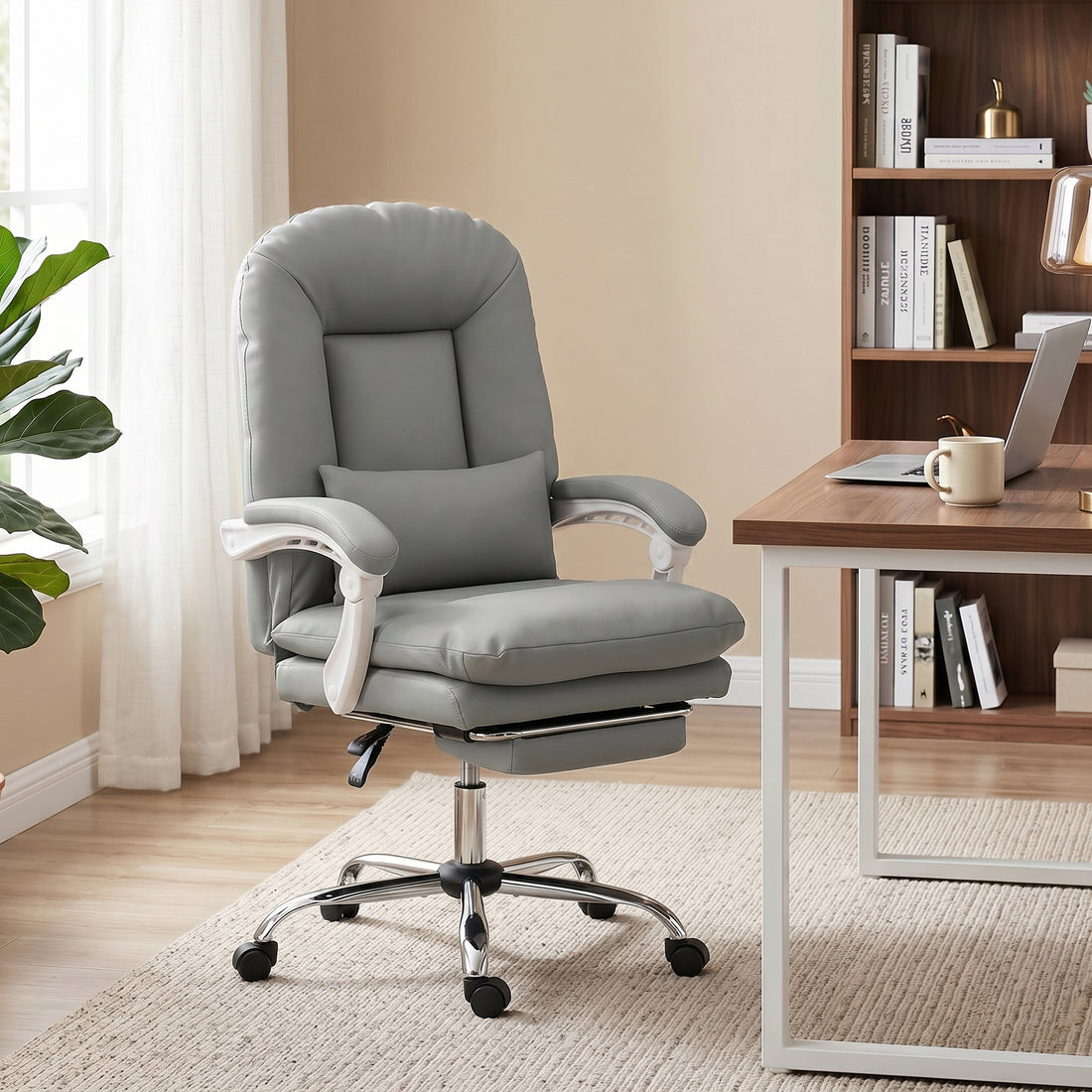 HOMCOM Ergonomic Executive Office Chair, Reclining Desk Chair with Lumbar Support, Footrest, Plush Thick Cushion, Grey