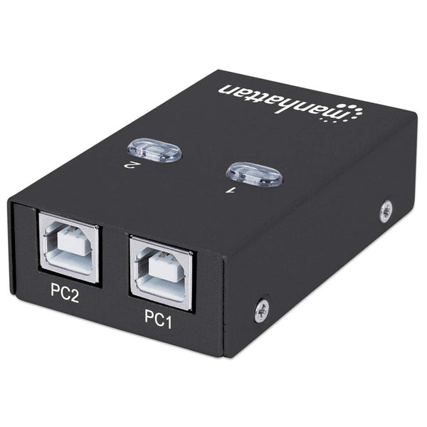 Manhattan USB-A Automatic Sharing Switch, 2x USB-B Ports, 480 Mbps (USB 2.0), Dual Control (Auto-Sensing or Manual), Bus Powered, Hi-Speed USB, inc 1x 1.5m USB-A to USB-B cable, Black, Three Year Warranty