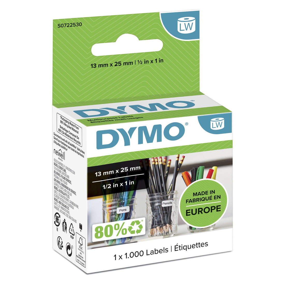 DYMO Authentic LabelWriter Small Multi-Purpose Labels | 13 mm x 25 mm | Self-Adhesive | Roll of 1000