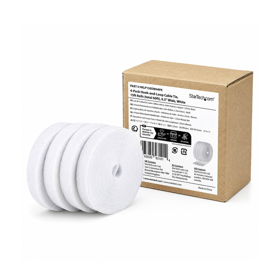 StarTech.com 4-pack 15ft (4.6m) Hook and Loop Roll, 0.5in Wide, White, Cut-to-Size Reusable Cable Ties - image 5