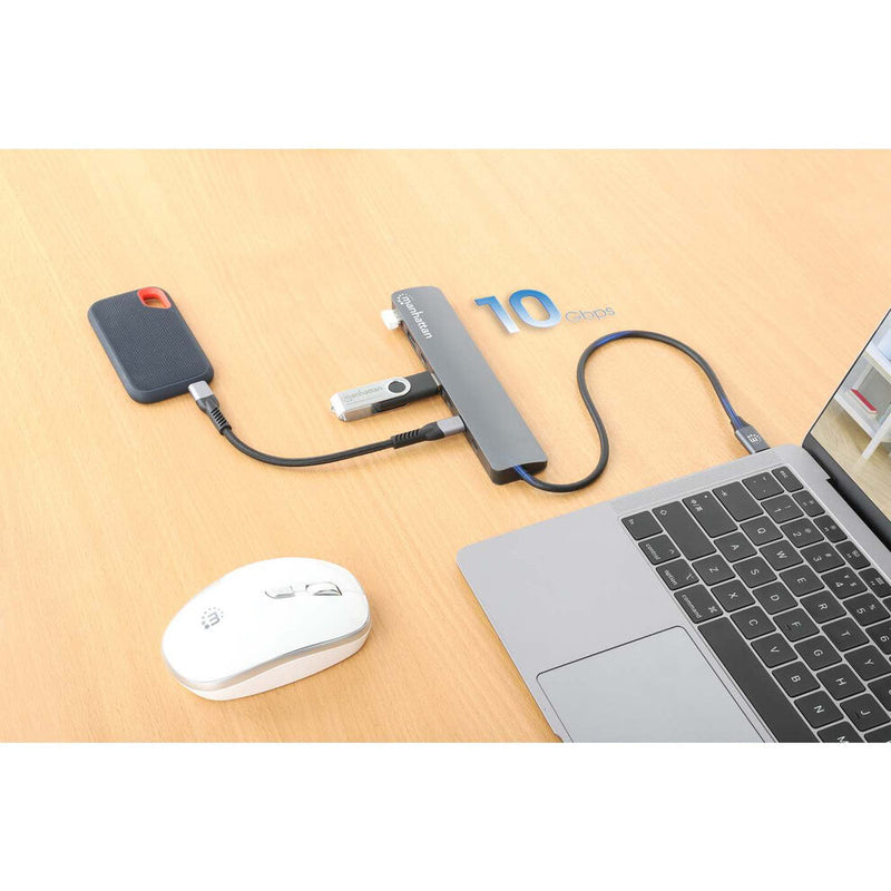 Manhattan USB-C Dock/Hub, Ports (x7): USB-A (x3) and USB-C (x4), With Power Delivery (100W) to USB-C Port (Note additional USB-C wall charger and USB-C cable needed), USB 3.2 Gen 2, All Ports can be used at the same time, Universal, Aluminium, Space Grey