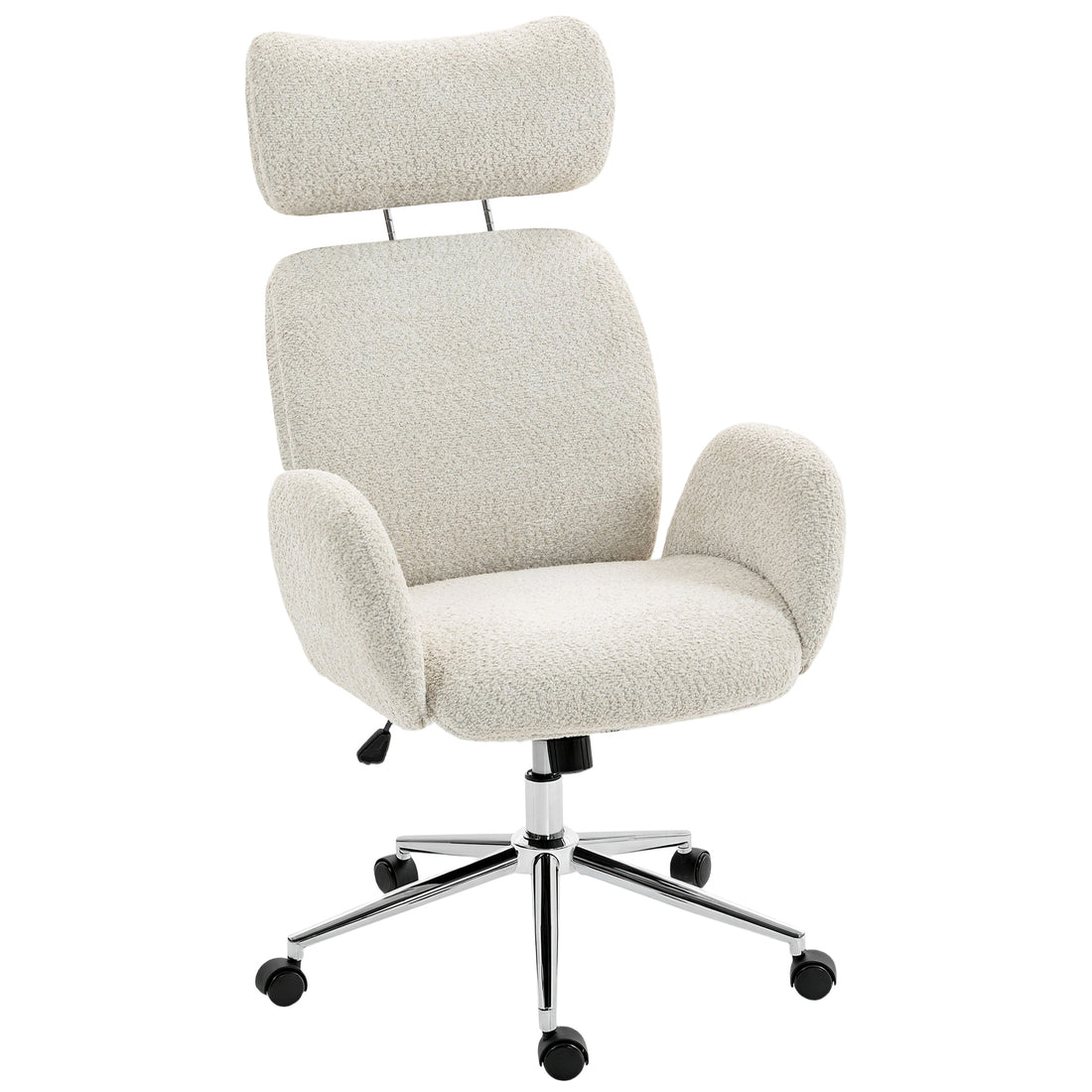 HOMCOM Office Chair with Adjustable Headrest, Spring Pack, Curved Line, Boucle Fabric - Pale Grey