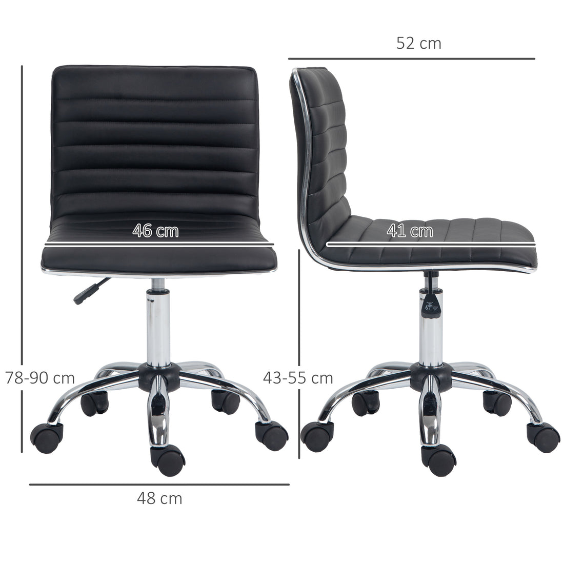HOMCOM Armless Task Desk Chair, Swivel Office Chair with Faux Leather, Adjustable Seat Height, Chrome Base, Wheels for Home, Black