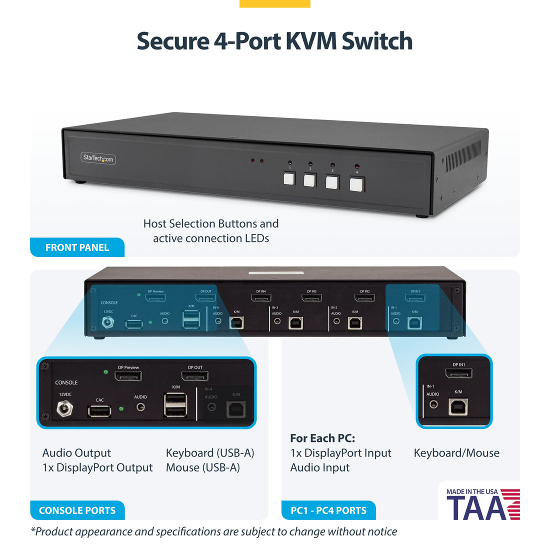 StarTech.com Secure 4-Port KVM Switch, DisplayPort, 4K 60Hz, NIAP 4.0 Desktop KVM, Metal Housing, Made in the - image 4