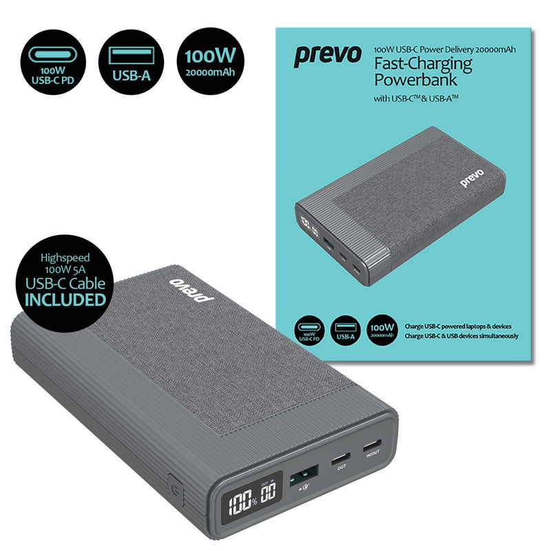 Prevo Portable Fast-Charging Powerbank with Digital Display, Dual USB-C & USB-A with 100W USB-C Cable Included for Laptops, Ultrabooks, Chromebooks, Smartphones & Tablets (AD10C 100W)
