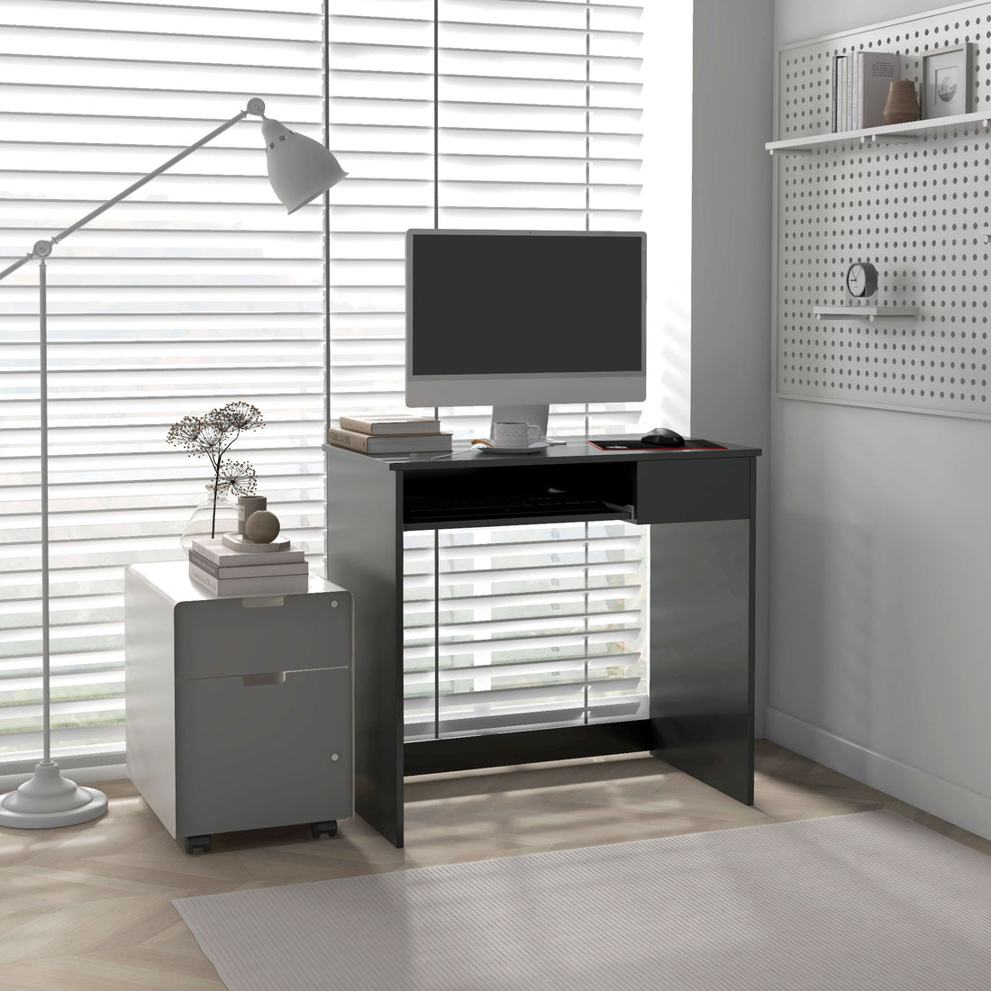 HOMCOM Compact Computer Desk with Keyboard Tray and Drawer, Study Desk, Writing Desk for Home Office, Grey