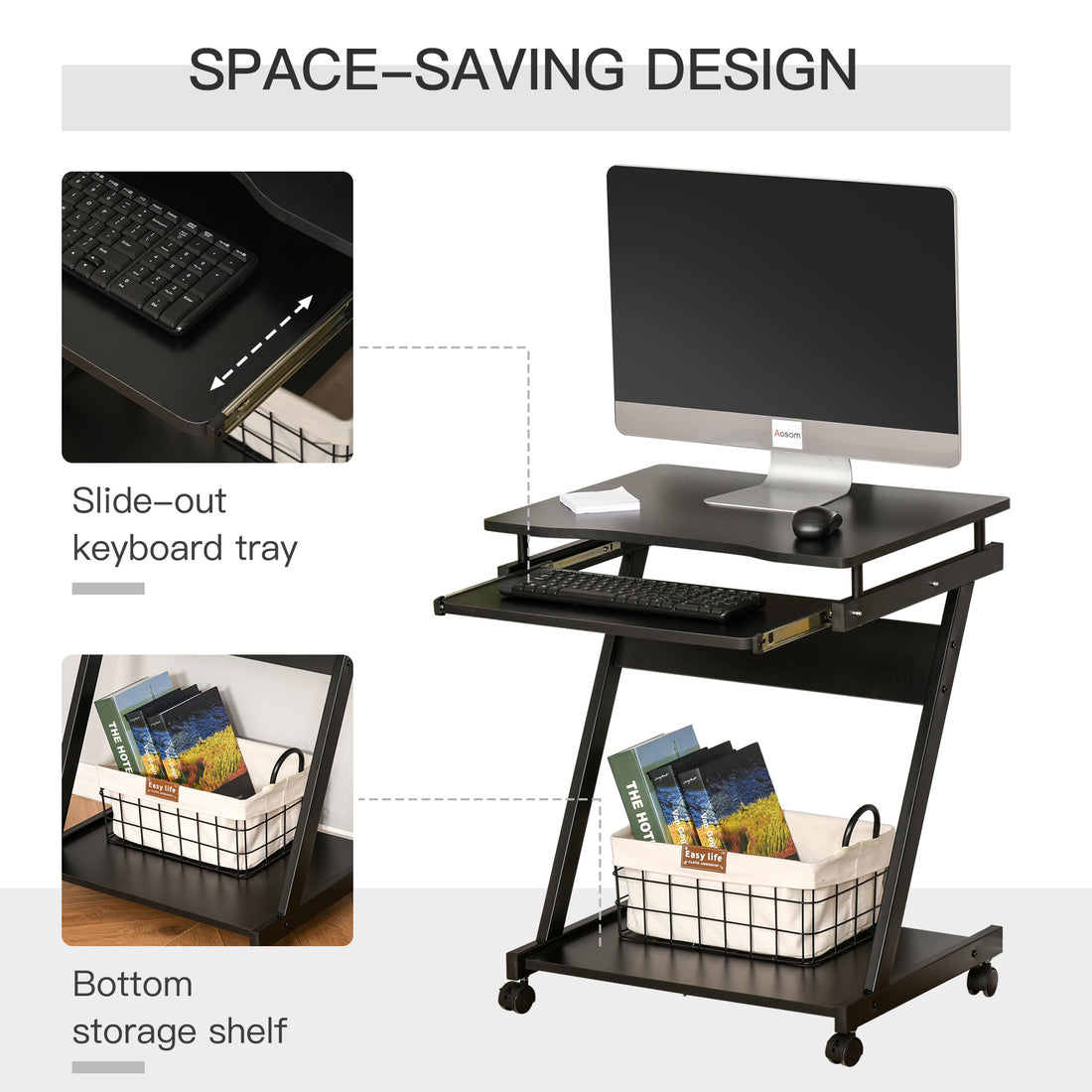 HOMCOM Movable Computer Desk with 4 Moving Wheels and Keyboard Tray Black