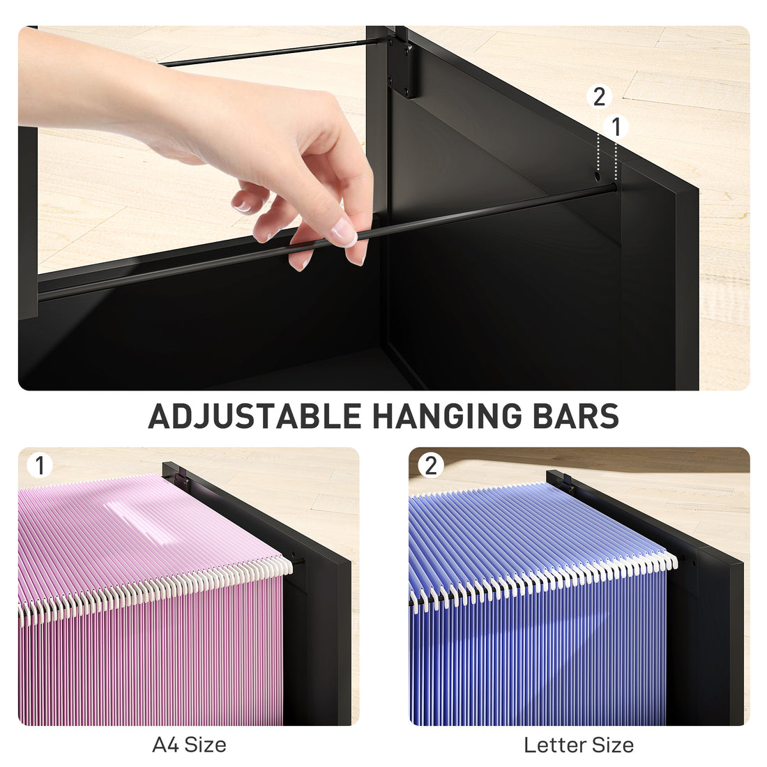 HOMCOM 2 Drawer Filing Cabinet with Lock, Office Storage Cabinet with Adjustable Hanging Bars for A4 Letter Size Files, Black