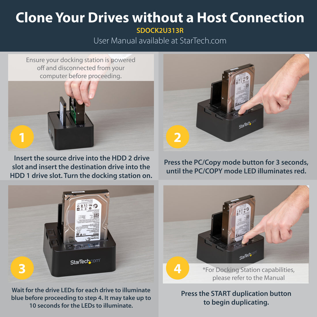 StarTech.com Standalone Hard Drive Duplicator, Dual Bay HDD/SSD Cloner/Copier, USB 3.1 (10Gbps) to SATA III - image 11