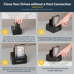 StarTech.com Standalone Hard Drive Duplicator, Dual Bay HDD/SSD Cloner/Copier, USB 3.1 (10Gbps) to SATA III HDD/SSD Docking Station, Hard Disk Duplicator Dock, Hard Drive Cloner