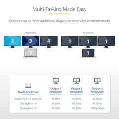 StarTech.com 3-Port USB-C Multi-Monitor Adapter, USB Type-C to 3x DisplayPort 1.4 MST Hub, Triple 4K 60Hz DP Laptop Display Extender / Splitter, HDR, Extra-Long Built-In Cable - Windows Only