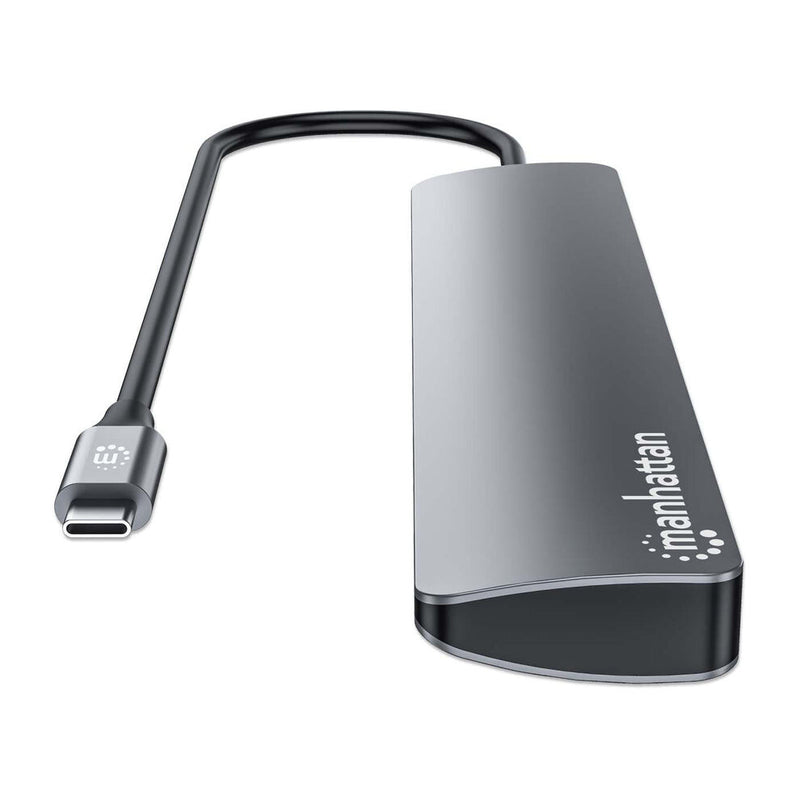 Manhattan USB-C Dock/Hub, Ports (x7): USB-A (x3) and USB-C (x4), With Power Delivery (100W) to USB-C Port (Note additional USB-C wall charger and USB-C cable needed), USB 3.2 Gen 2, All Ports can be used at the same time, Universal, Aluminium, Space Grey