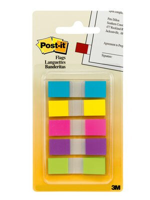 Post-It Flags, Assorted Bright Colors, 1/2 in Wide, 100/On-the-Go Dispenser self adhesive flags 100 sheets