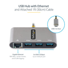 StarTech.com 3-Port USB-C Hub with Ethernet - 3x USB-A - Gigabit Ethernet - USB 3.0 5Gbps - Bus-Powered - 1ft/30cm Long USB Type-C Host Cable - GbE - Portable USB-C to USB-A Hub