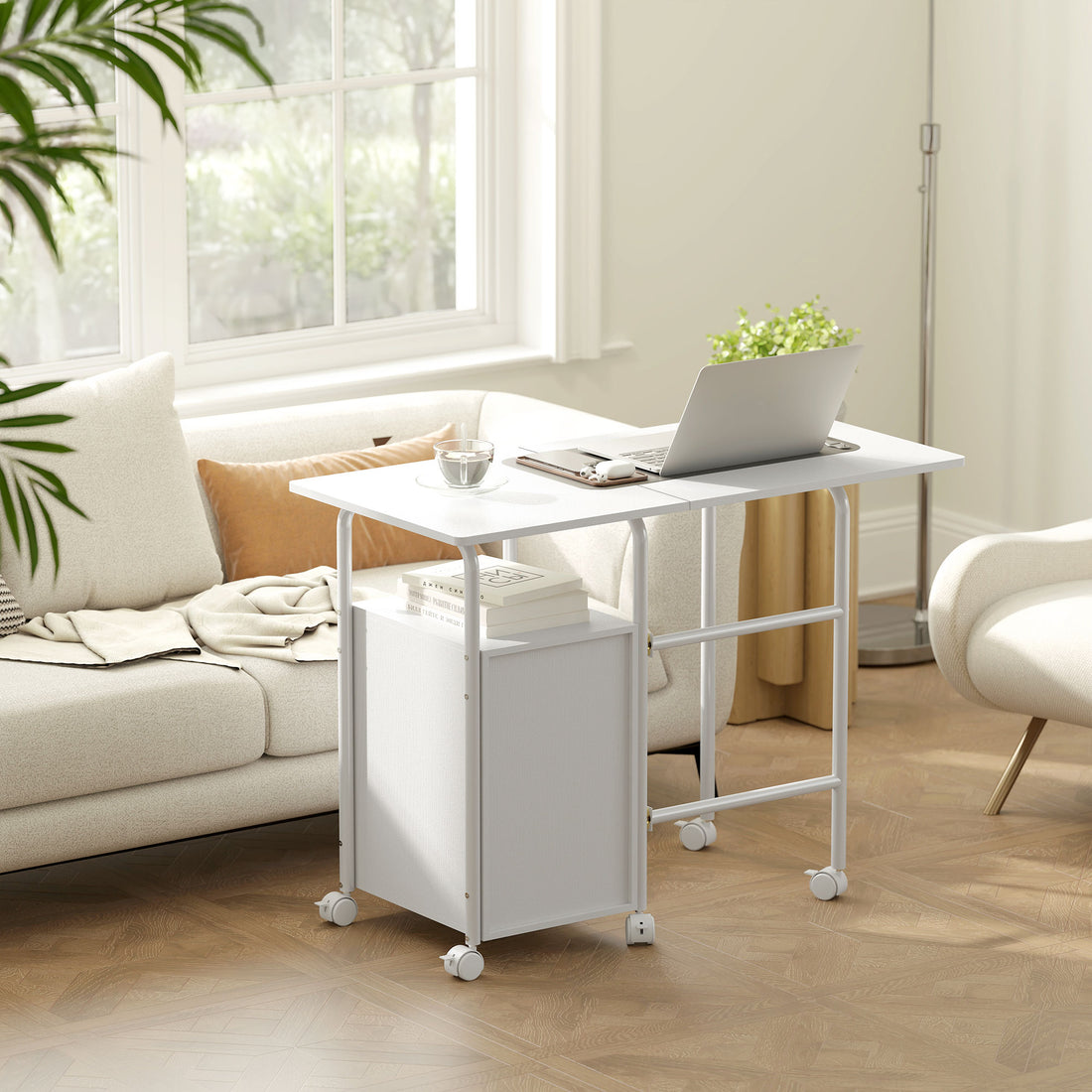 HOMCOM 105 x 51 cm Foldable Office Deskwith 3 Drawers, Extendable Top, Wheels, White