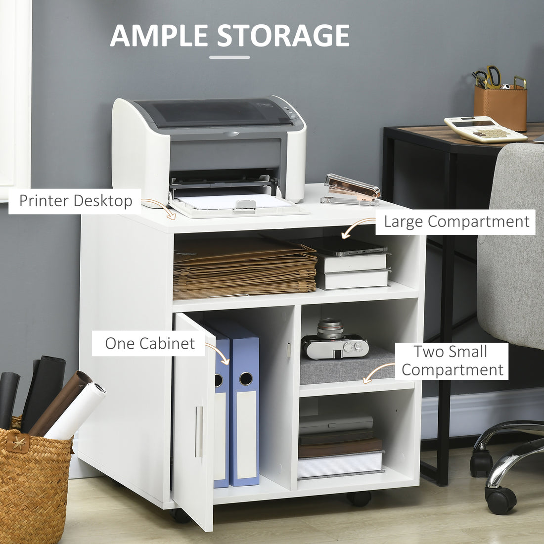 HOMCOM Multi-Storage Printer Stand, Mobile File Cabinet with Shelves, Modern Home Office Rolling Filing Cabinet with Wheels for Study, 60 x 50 x 65.5 cm, White