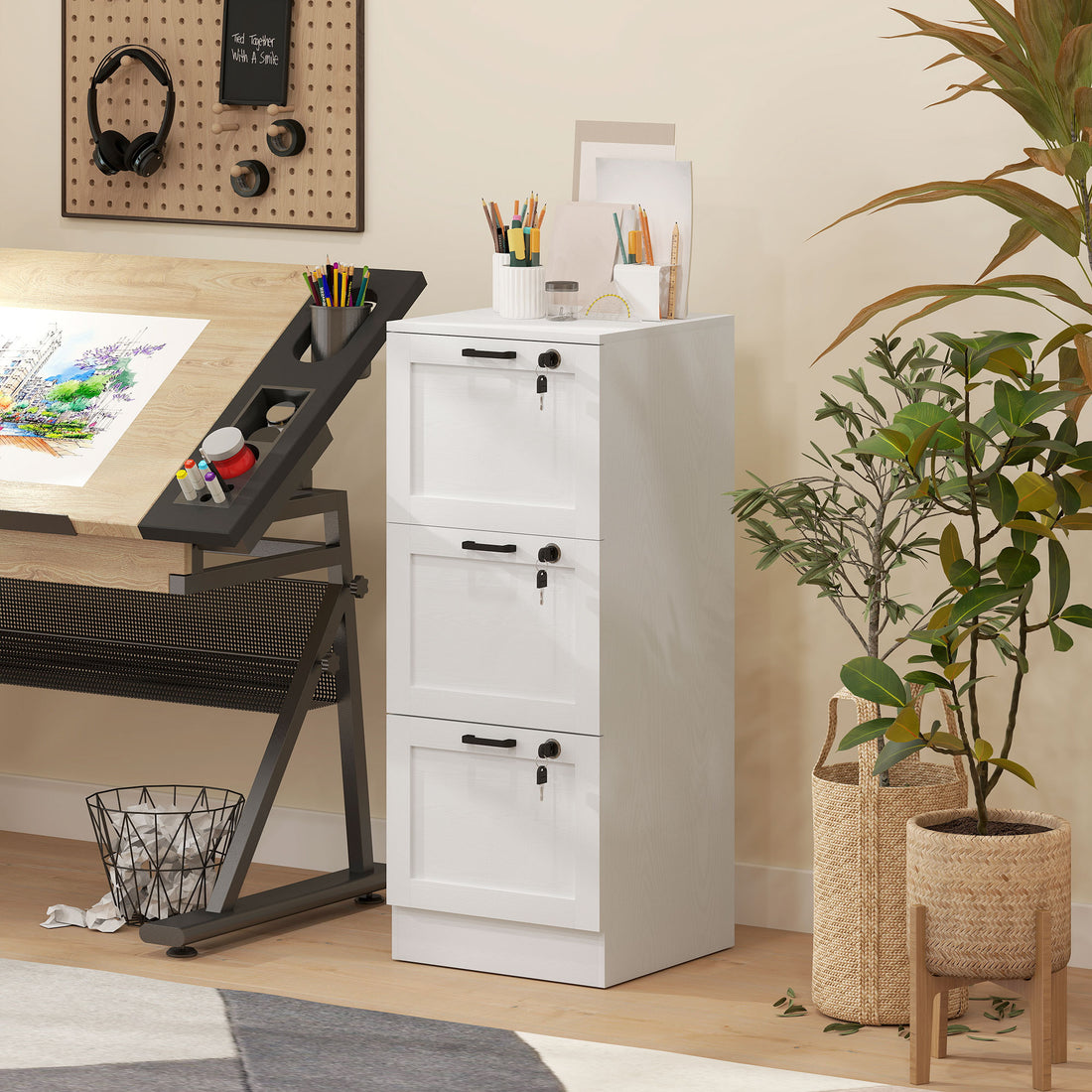 HOMCOM 3-Drawer Filing Cabinet with Lock - White