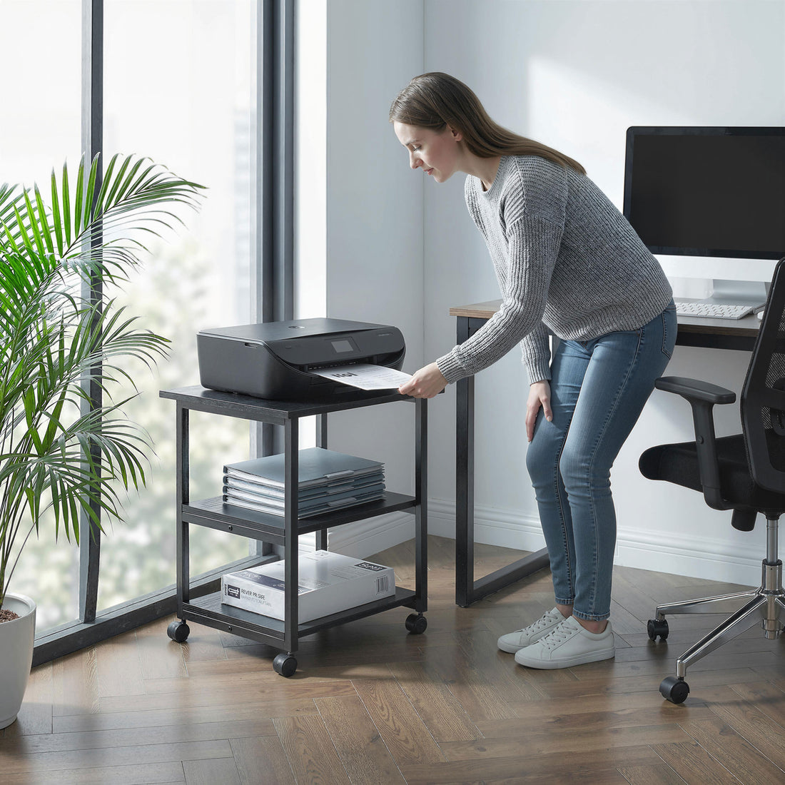 HOMCOM Three-Tier Steel Printer Stand, with Wheels - Black