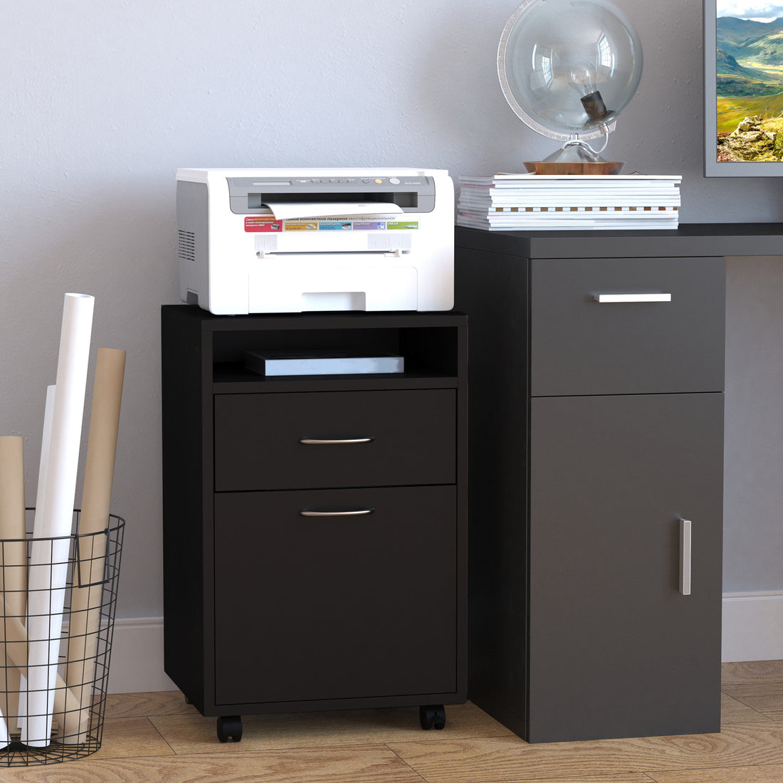 HOMCOM Filing Cabinet, Mobile File Cabinet with 2 Drawers, Office Home Organiser on Wheels for A4, Letter-Size File Folders, Mobile Printer with Open Shelf, Black